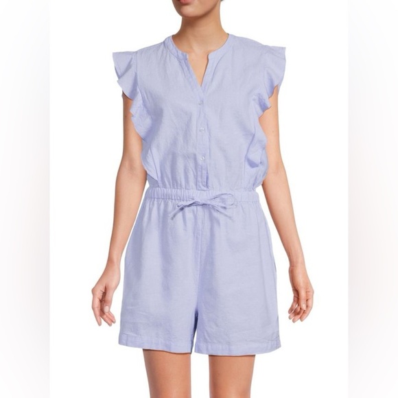 Saks Fifth Avenue women’s romper large 12 14 jumper jumpsuit linen blue ruffle - Picture 1 of 8